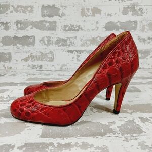 Talbots Wide Red Leather Croc Embossed Slip On Round Toe Heels F363